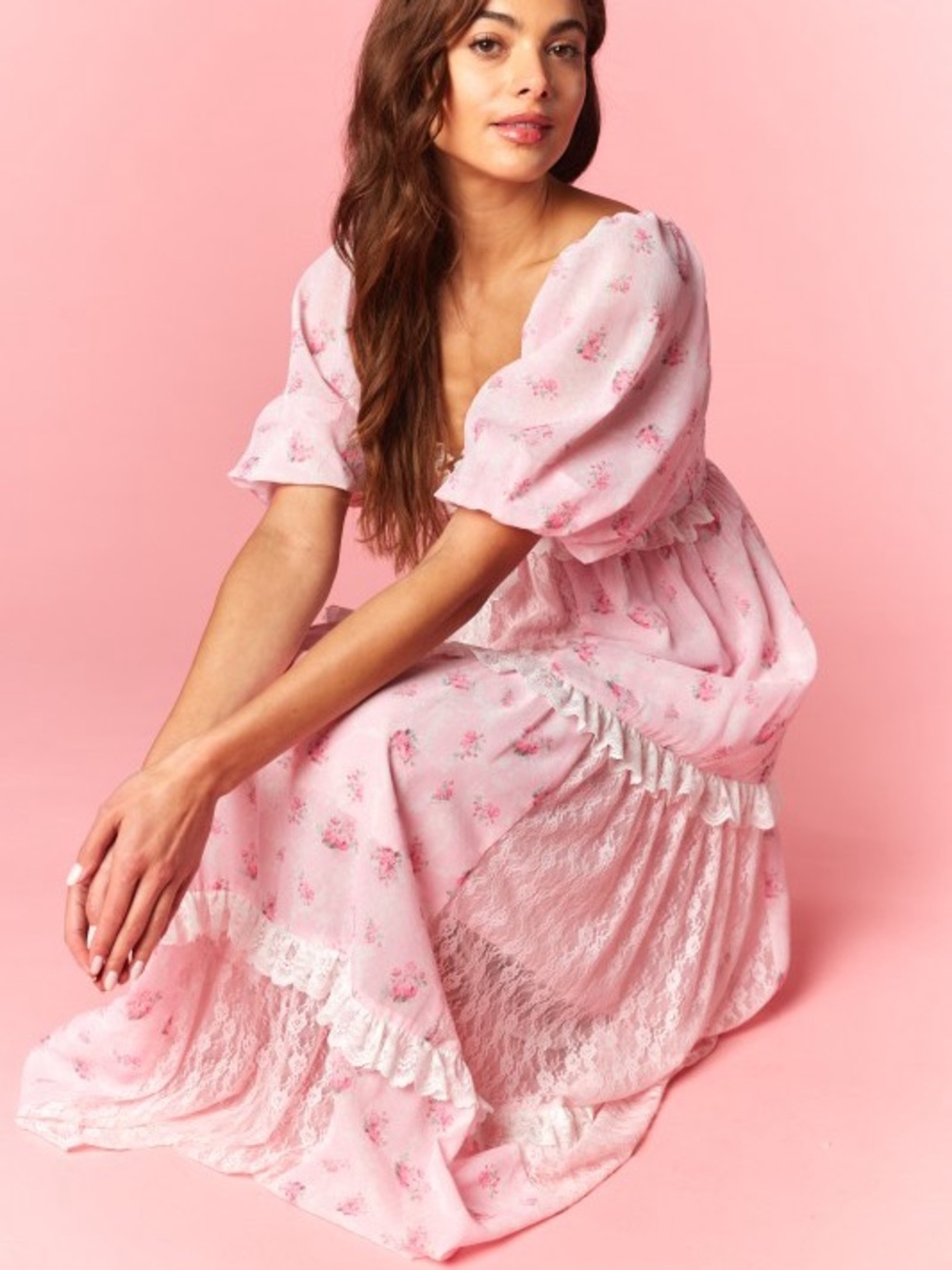 Pink Lace Tiered Maxi Dress with Puff Sleeves - Picture 9 of 14